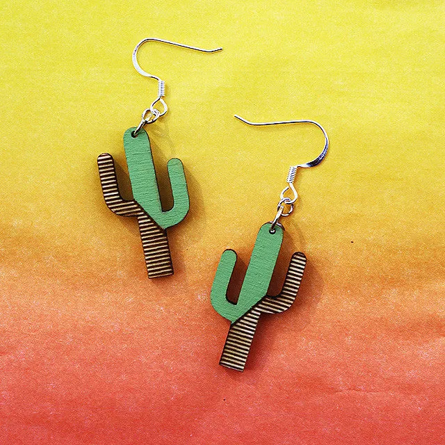 1 Saguaro  Wood Cactus Earrings