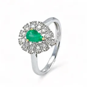 14k White gold drop emerald diamonds ring-28417