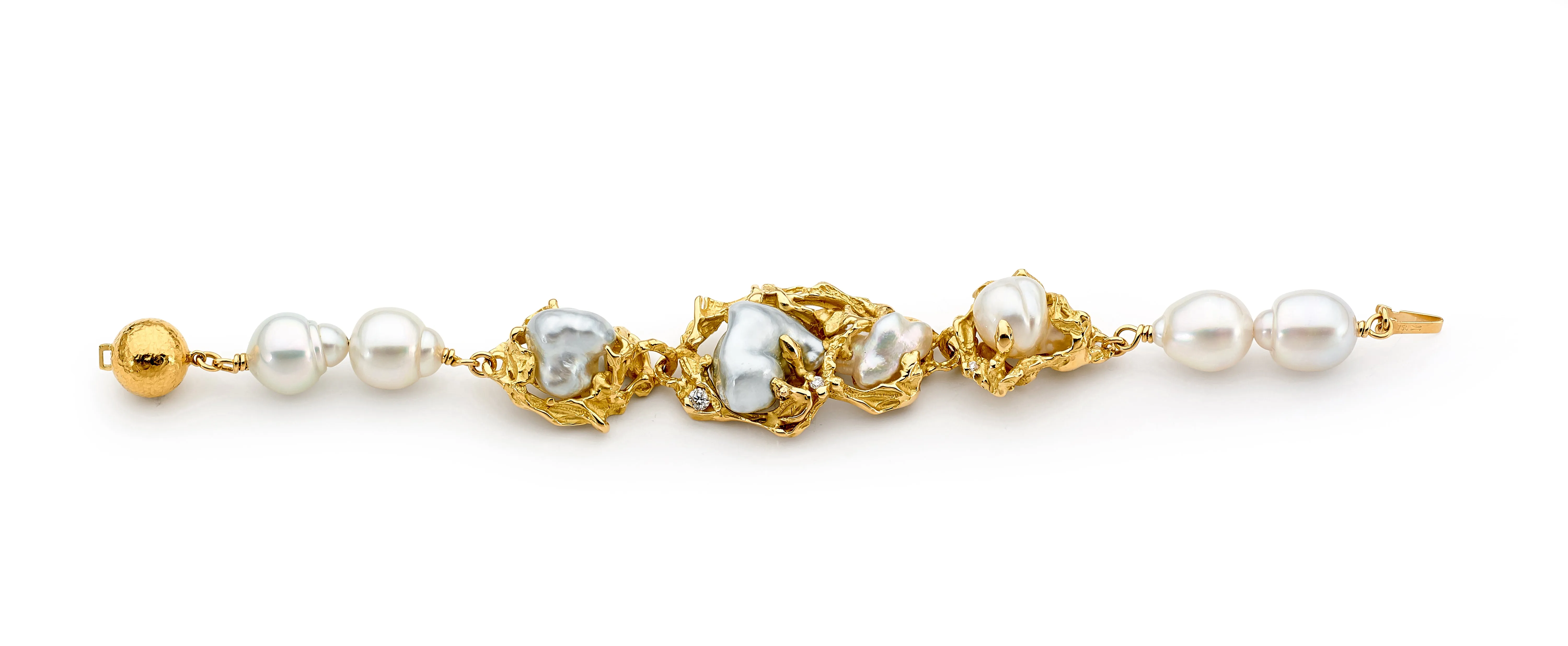 18ct Yellow Gold, Pearl and Diamond Bracelet