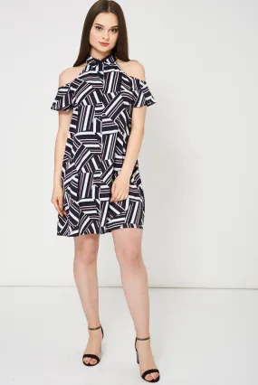 Abstract Pattern Cold Shoulder Swing Dress