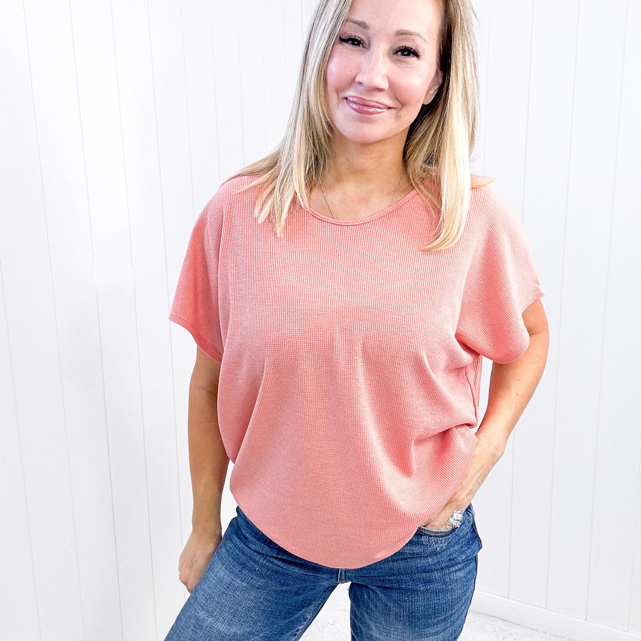 Andree By Unit Waffle Knit Short Sleeve Top In Apricot