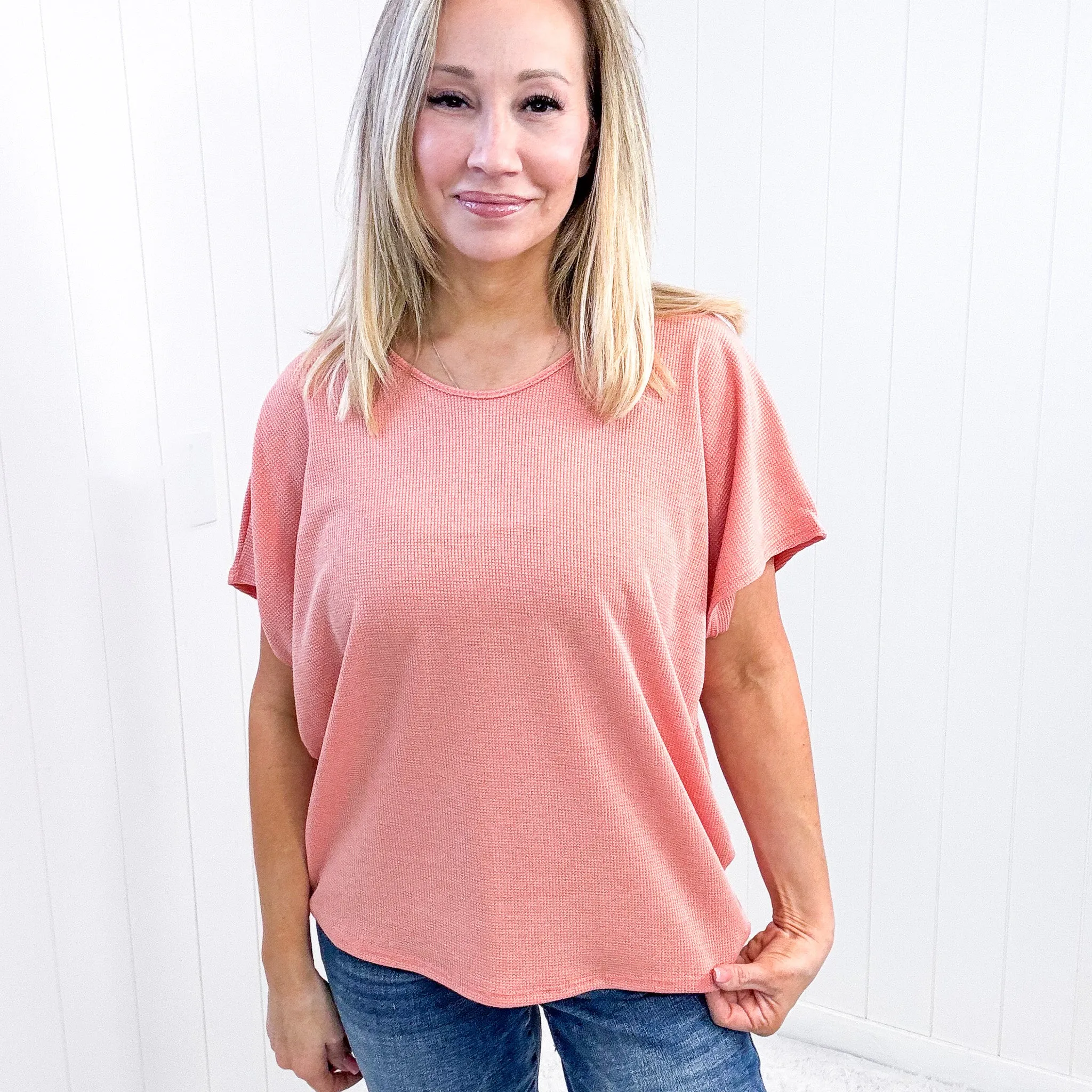 Andree By Unit Waffle Knit Short Sleeve Top In Apricot