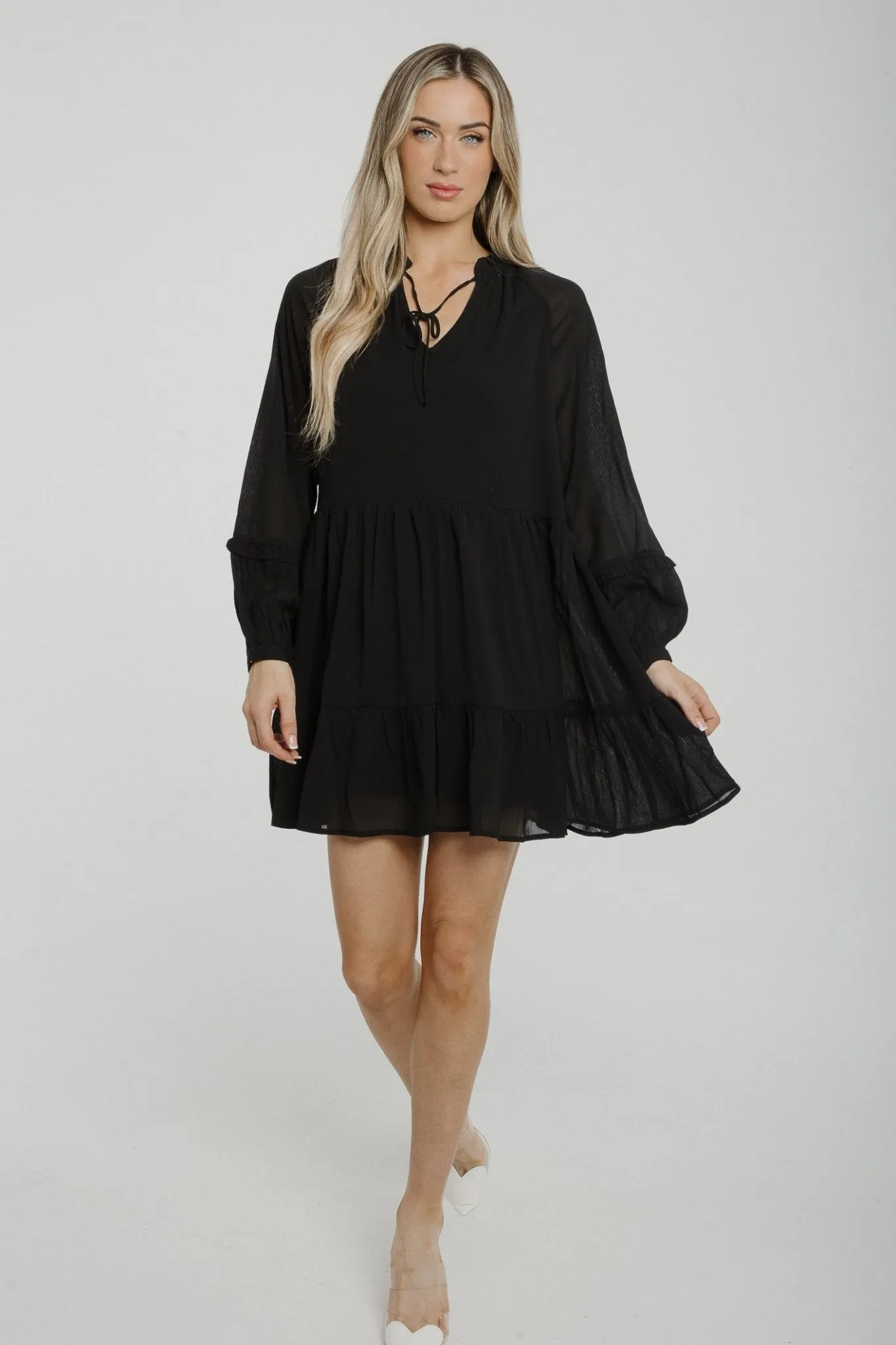 Becca Tiered Sheer Sleeve Dress In Black