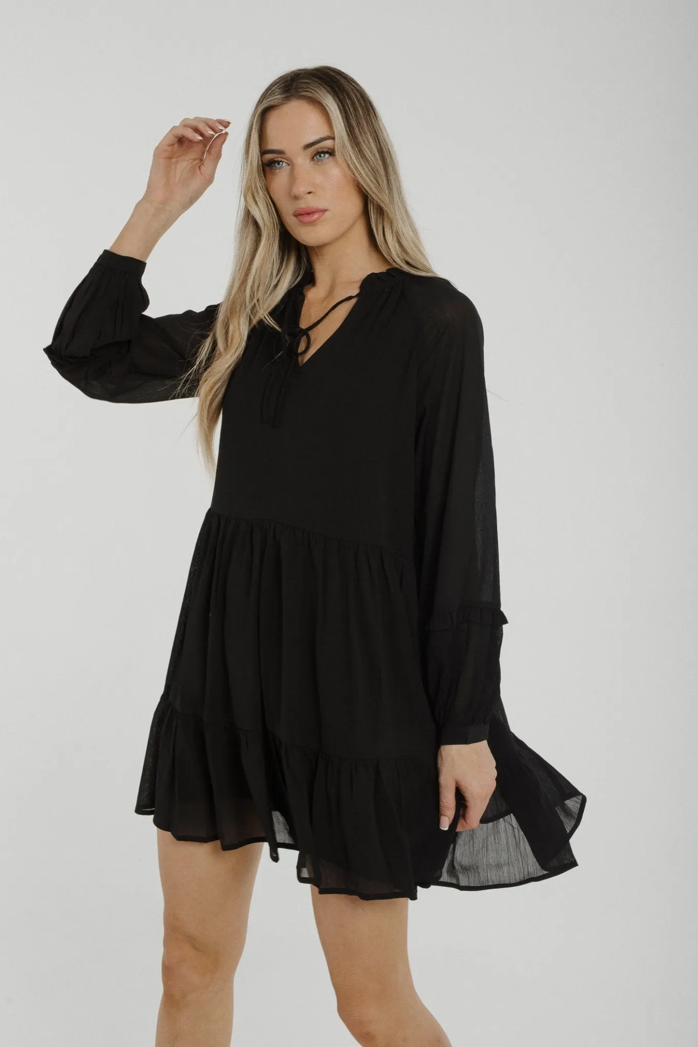 Becca Tiered Sheer Sleeve Dress In Black