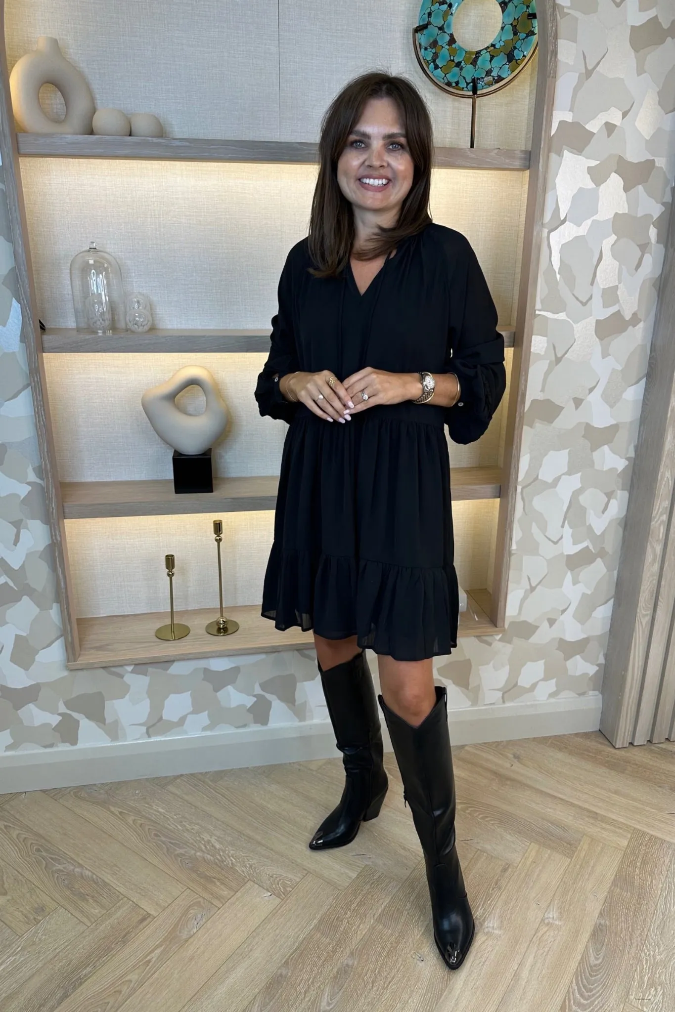 Becca Tiered Sheer Sleeve Dress In Black