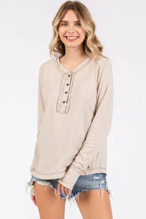 Beige Long Sleeve Exposed Seam Top