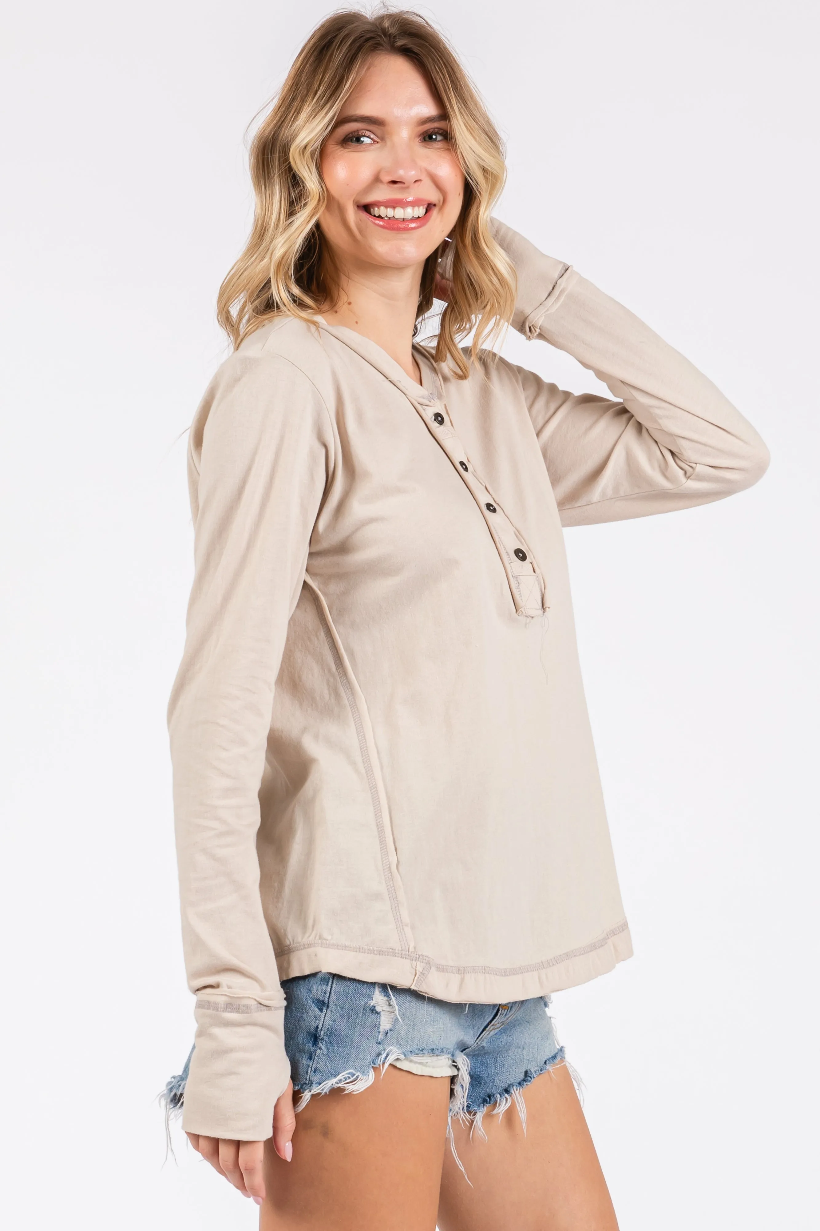 Beige Long Sleeve Exposed Seam Top