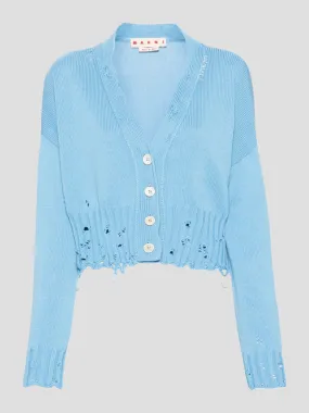 Blue V-Neck Long Sleeve Cropped Cardigan