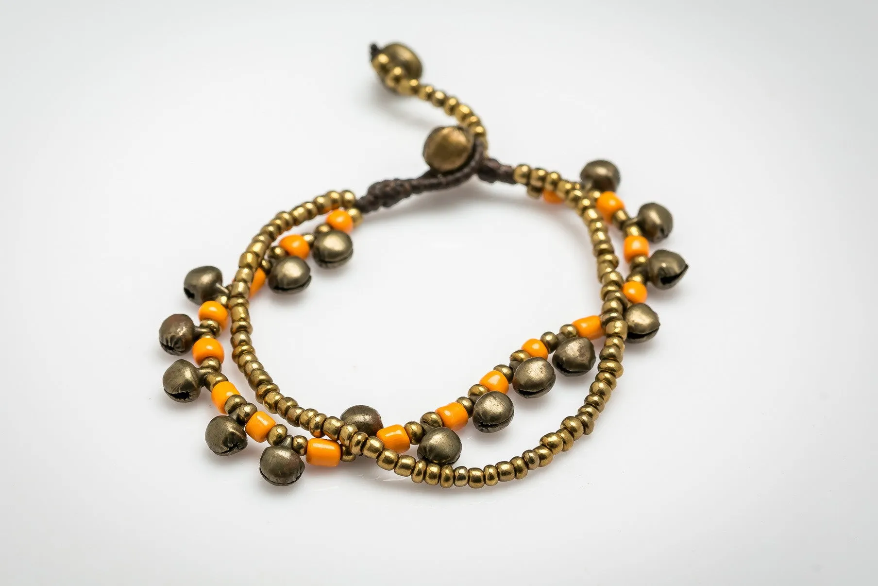 Brass Bell And Orange Bead Double Strand Bracelets