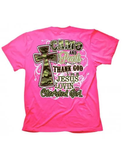 Cherished Girl Camo & Pearls Jesus Lovin Country Girl Cross Girlie Christian Bright T Shirt