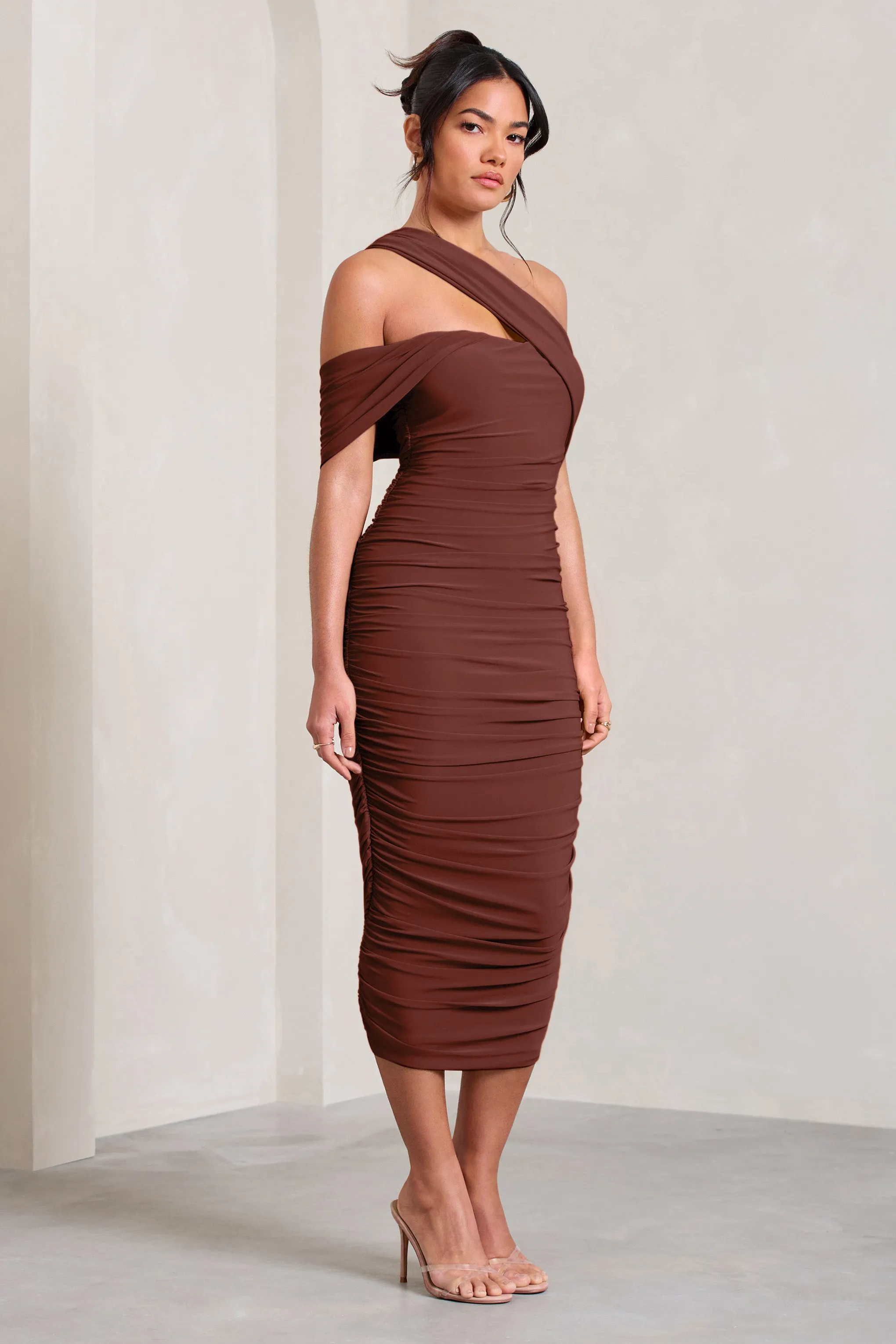 Cici | Brown Asymmetric One Shoulder Ruched Midi Dress