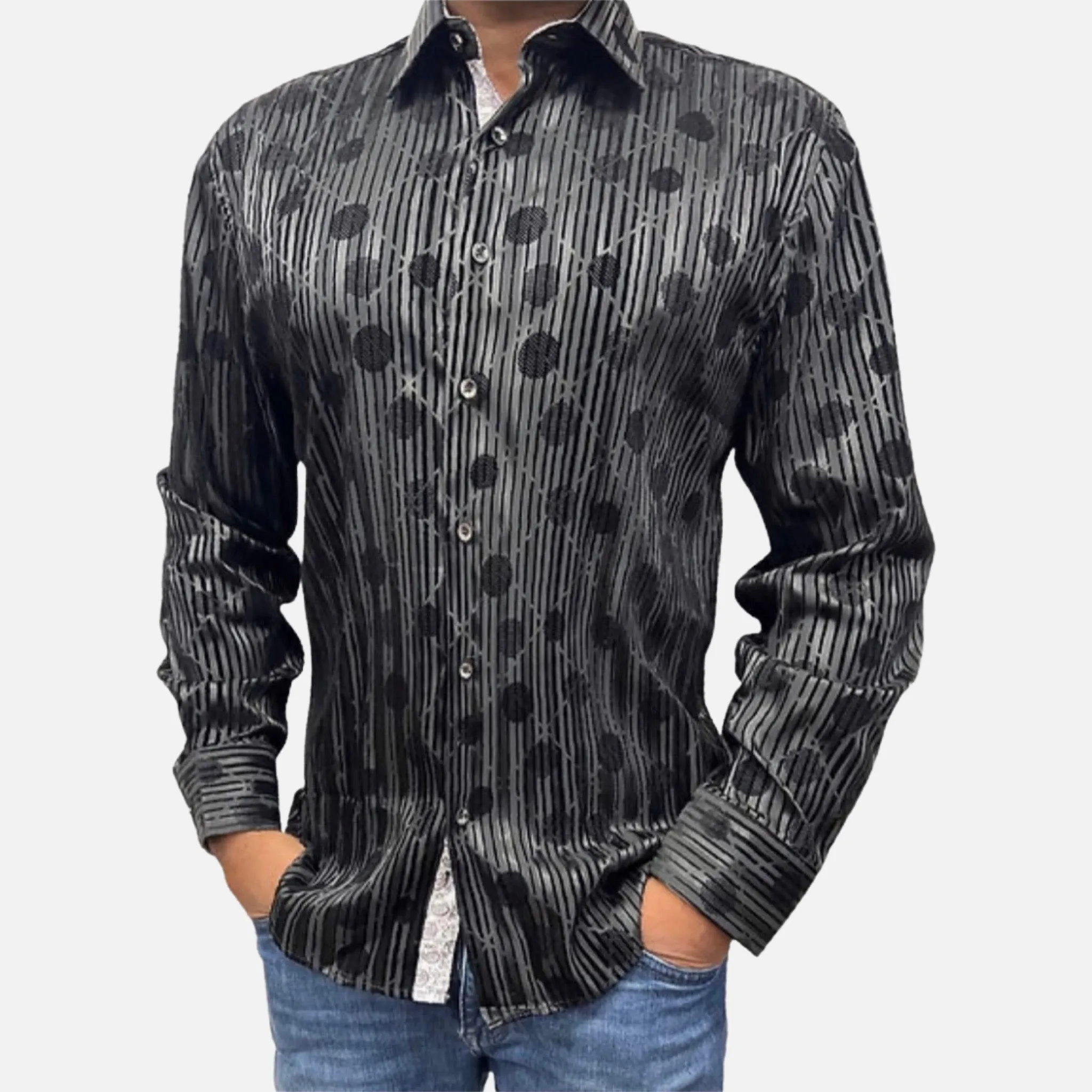 Clearance | Men's Black Tone on Tone Button Up Shirt | Slim Fit | Medium