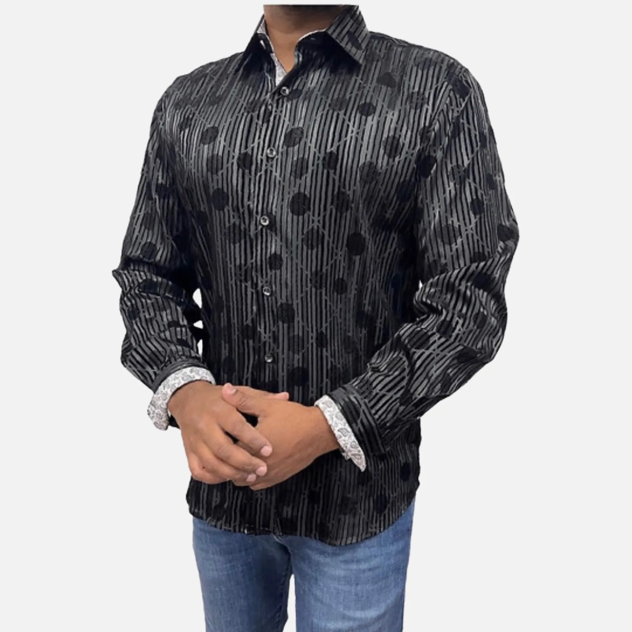 Clearance | Men's Black Tone on Tone Button Up Shirt | Slim Fit | Medium