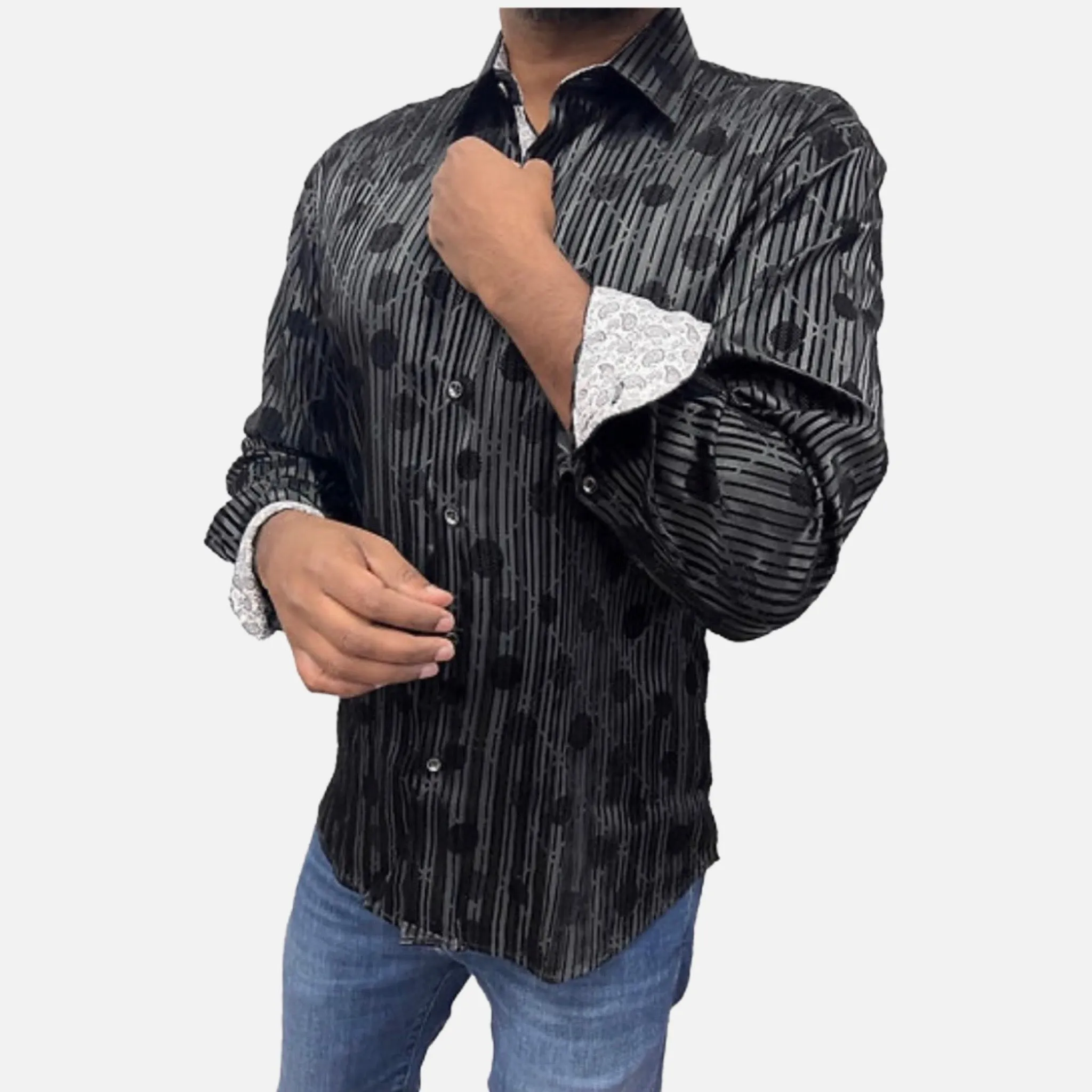 Clearance | Men's Black Tone on Tone Button Up Shirt | Slim Fit | Medium