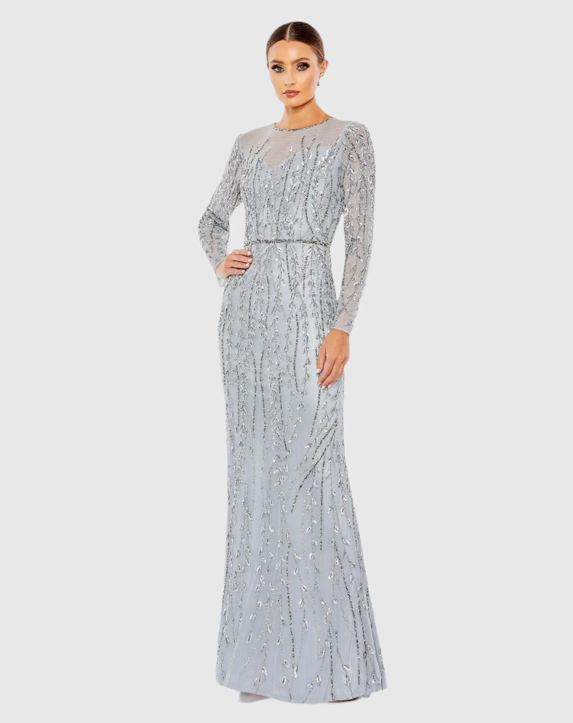 Embellished Illusion High Neck Long Sleeve Gown