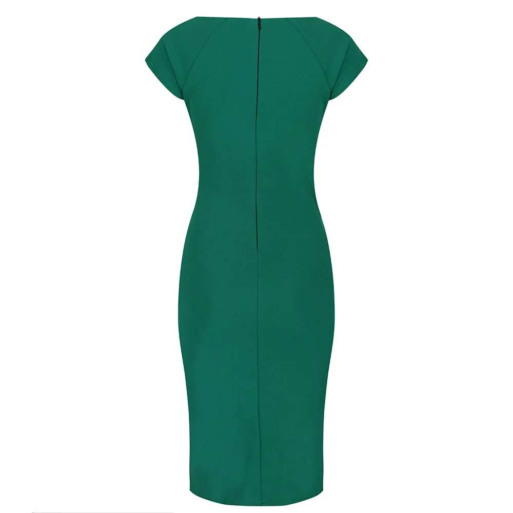 Emerald Green Capped Sleeve Ruched Bodycon Pencil Dress