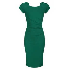 Emerald Green Capped Sleeve Ruched Bodycon Pencil Dress