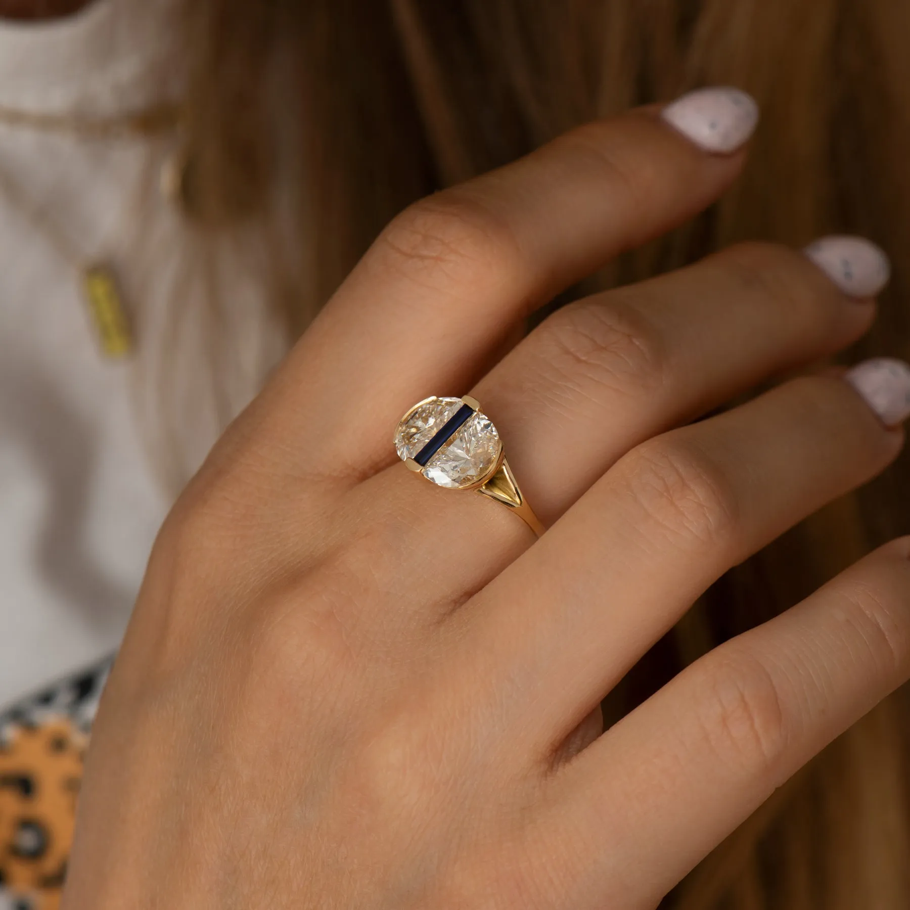 Engagement Ring with Lab Grown Half Moon Diamonds and Sapphire