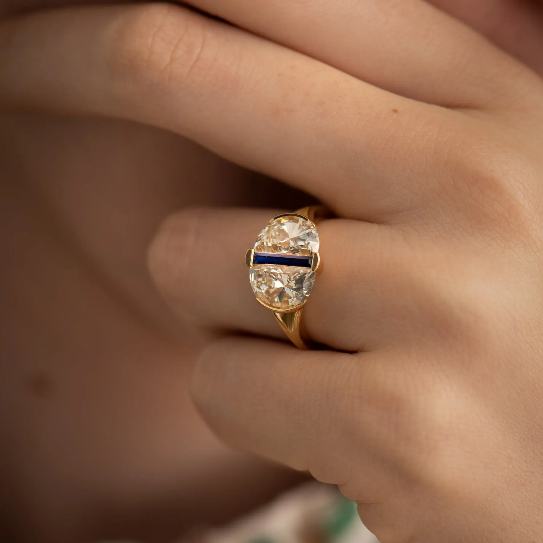 Engagement Ring with Lab Grown Half Moon Diamonds and Sapphire