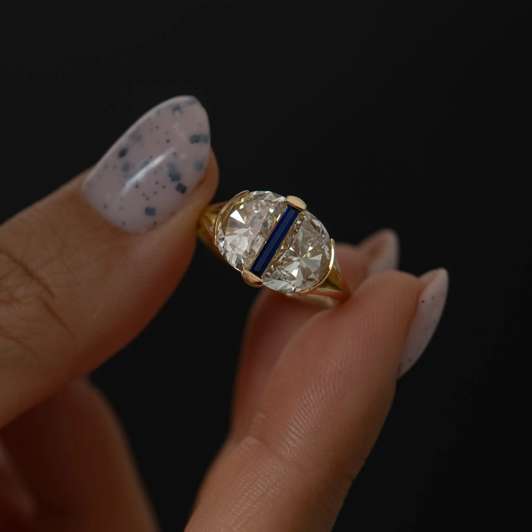 Engagement Ring with Lab Grown Half Moon Diamonds and Sapphire