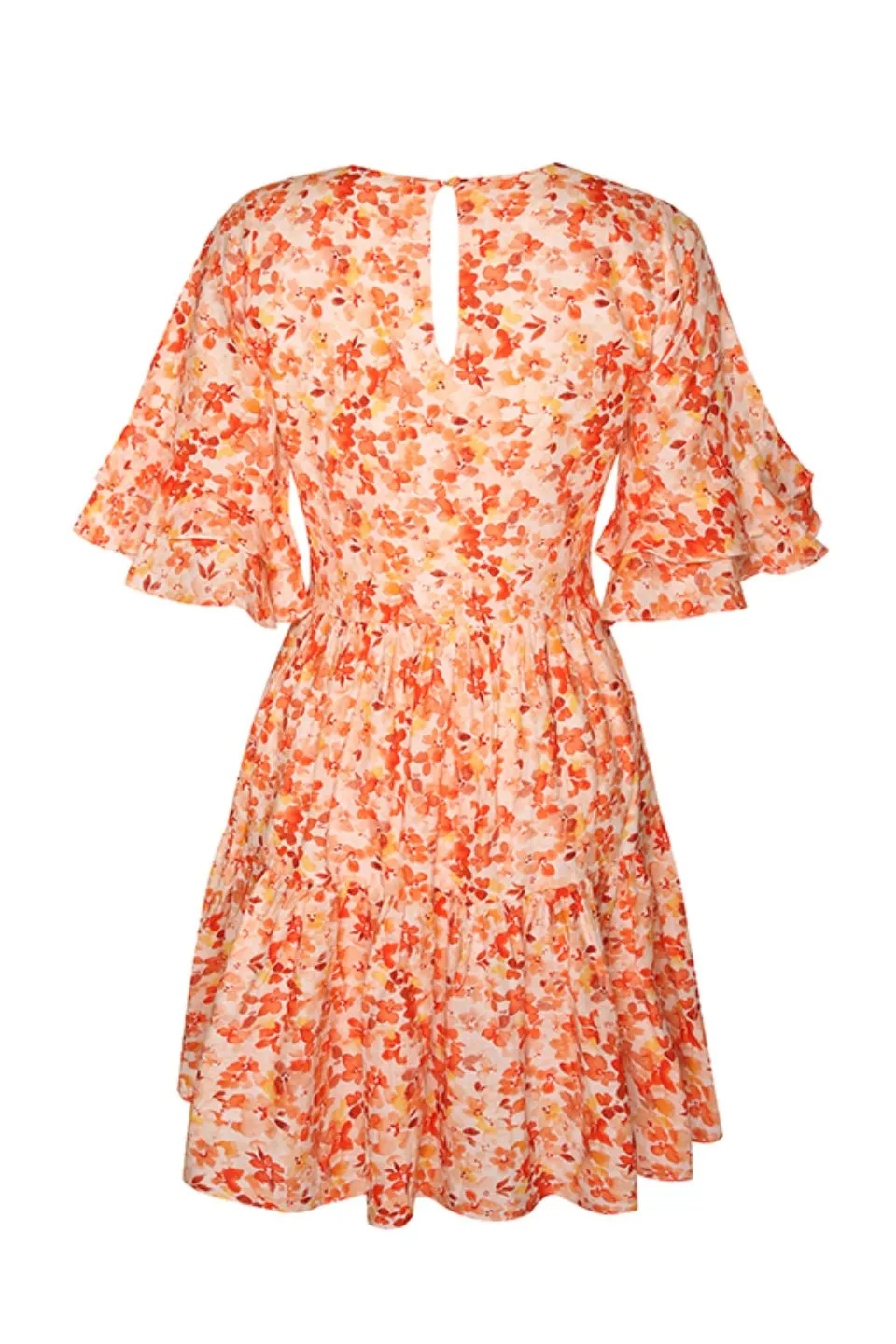 Felicity Orange Burst Floral Frill SS Tiered Mini Dress