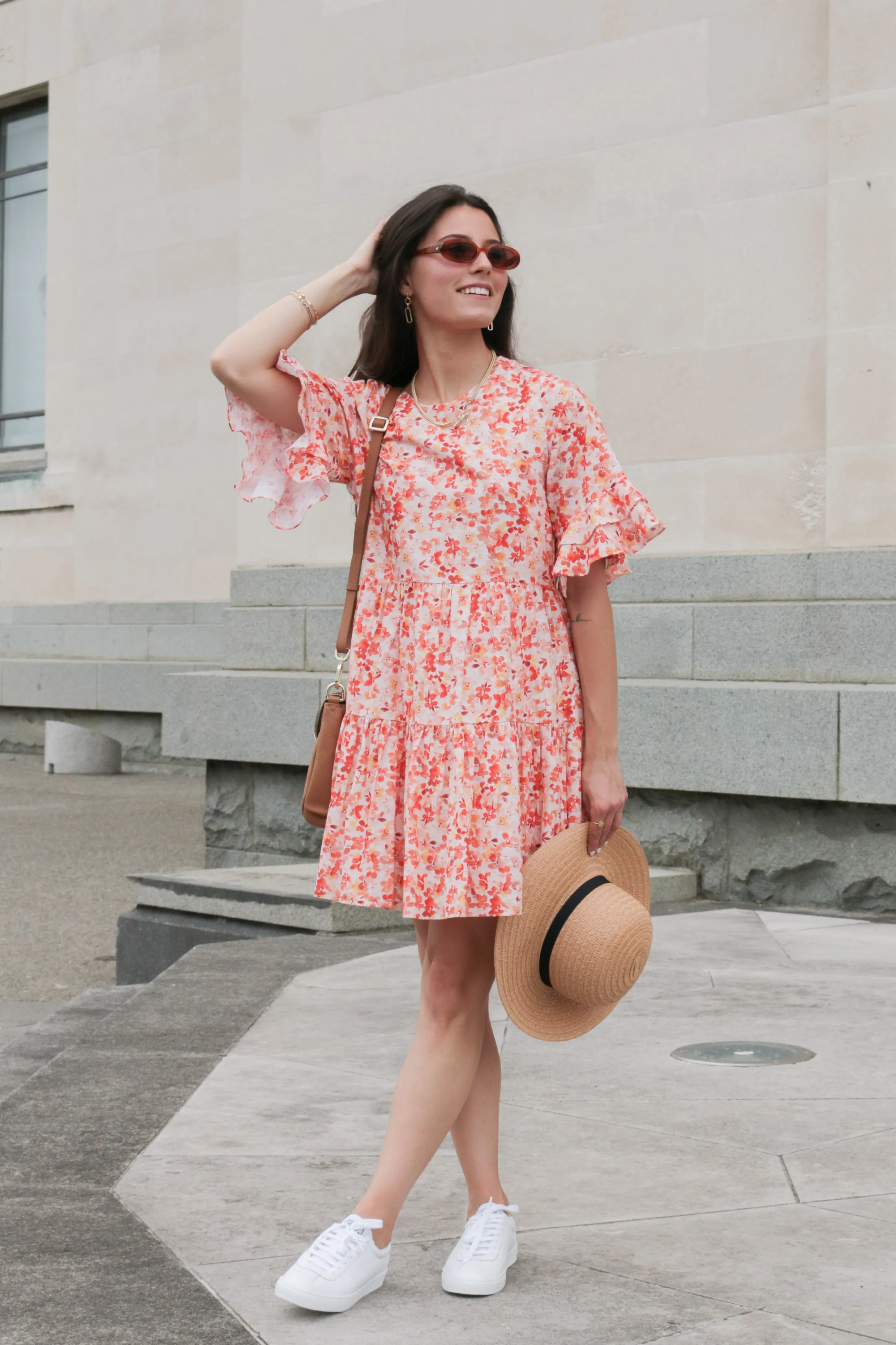 Felicity Orange Burst Floral Frill SS Tiered Mini Dress