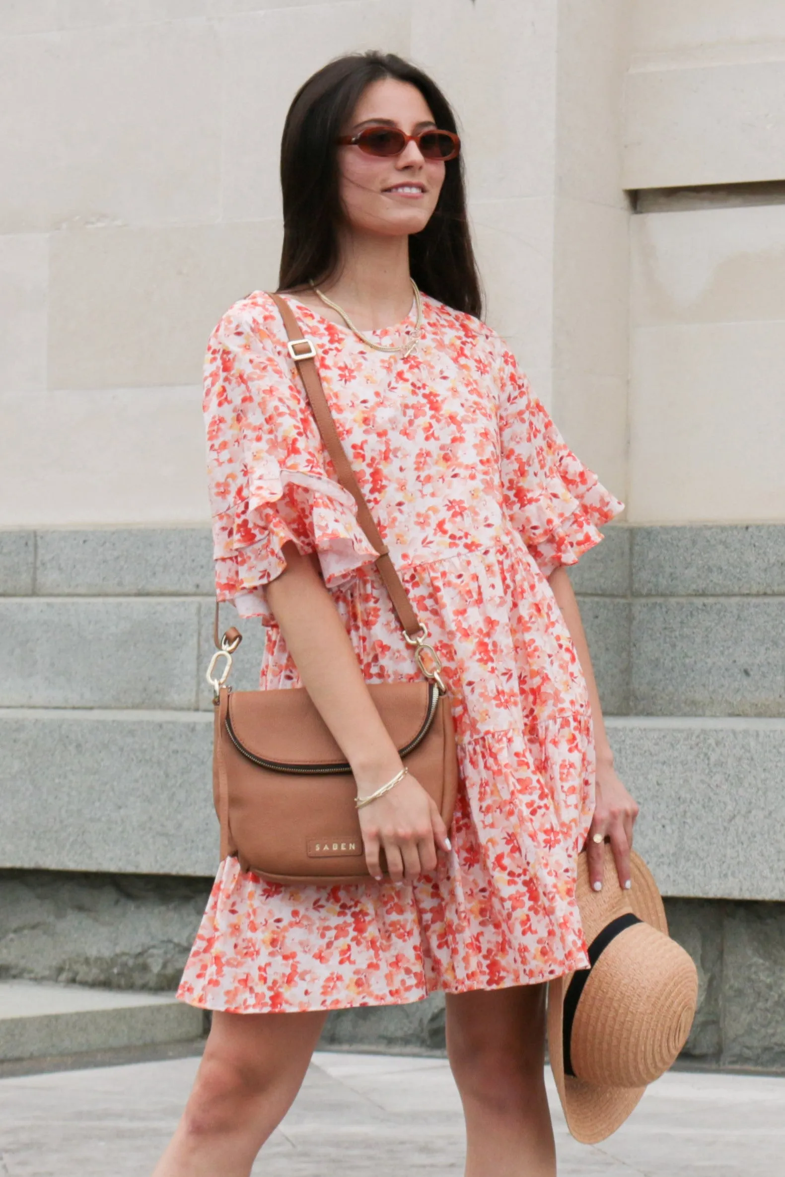 Felicity Orange Burst Floral Frill SS Tiered Mini Dress