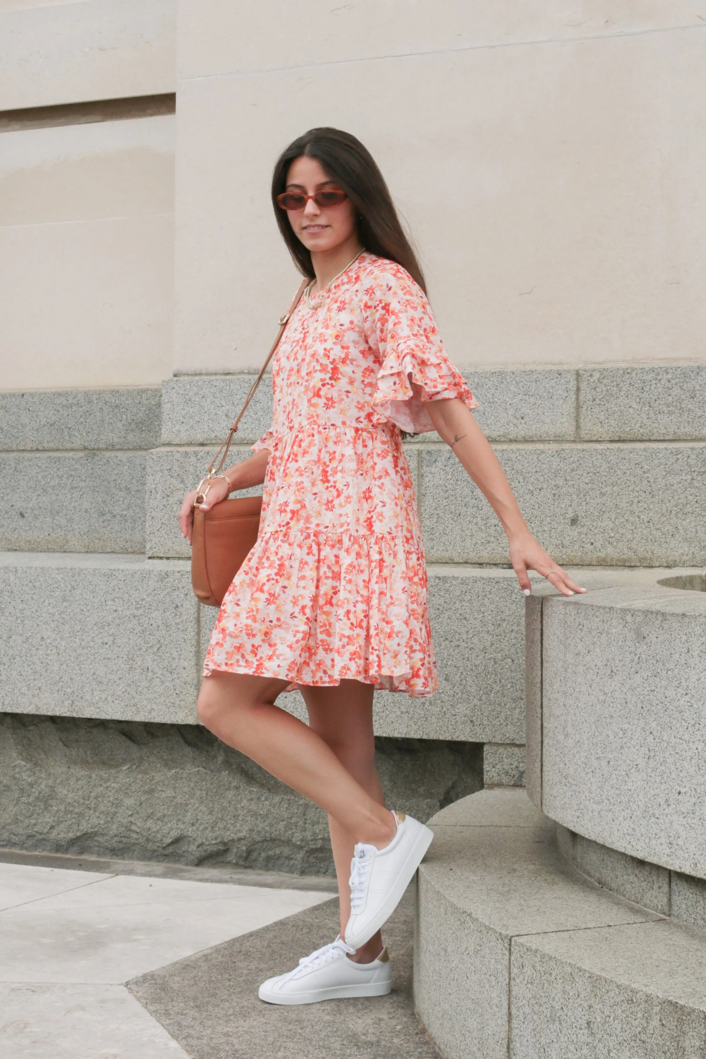 Felicity Orange Burst Floral Frill SS Tiered Mini Dress