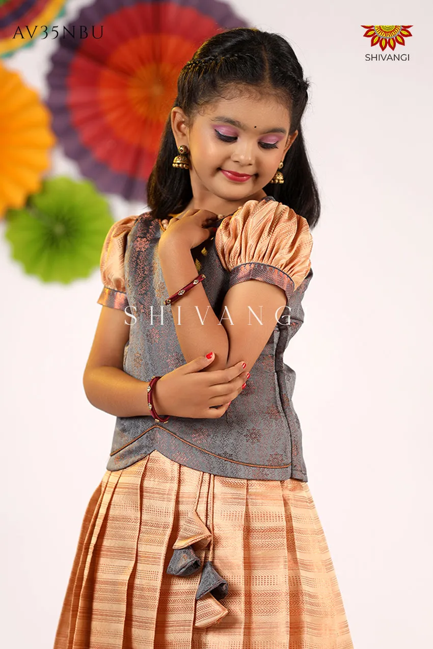 Girls Grey Golden Rail  Pattu Pavadai - Festive Wear