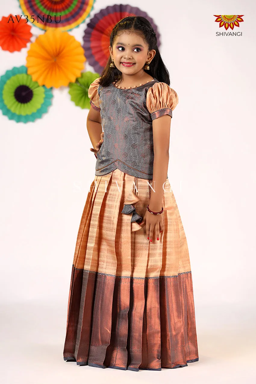 Girls Grey Golden Rail  Pattu Pavadai - Festive Wear