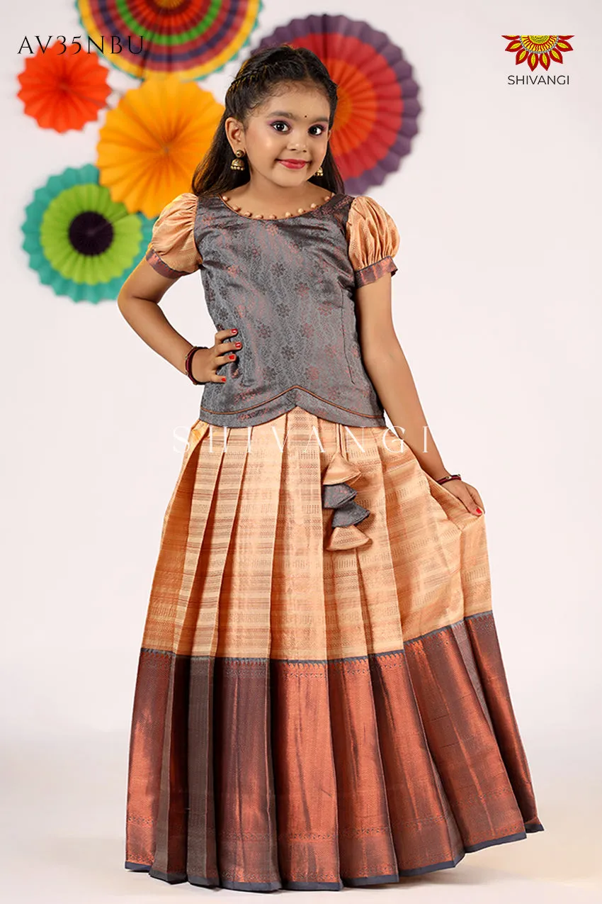 Girls Grey Golden Rail  Pattu Pavadai - Festive Wear