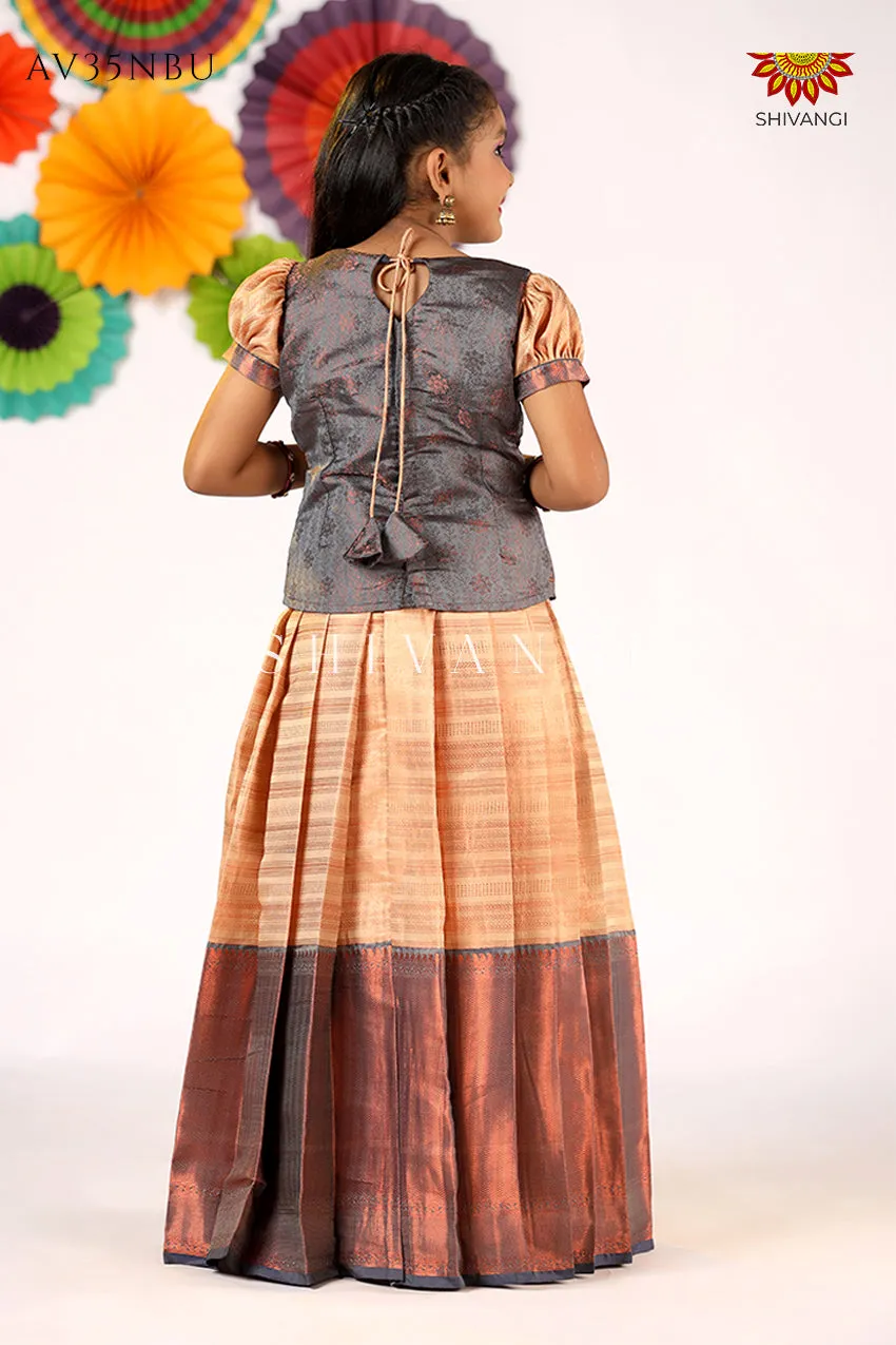 Girls Grey Golden Rail  Pattu Pavadai - Festive Wear