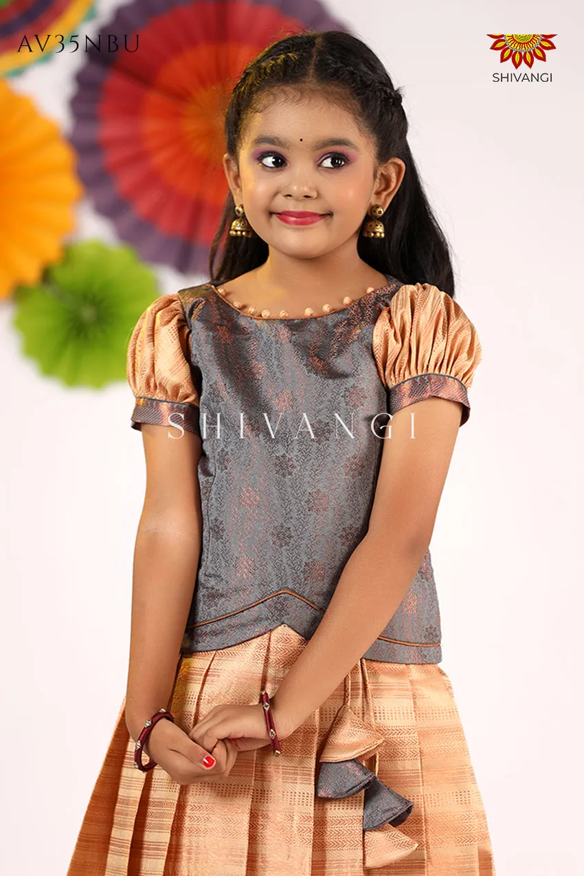 Girls Grey Golden Rail  Pattu Pavadai - Festive Wear