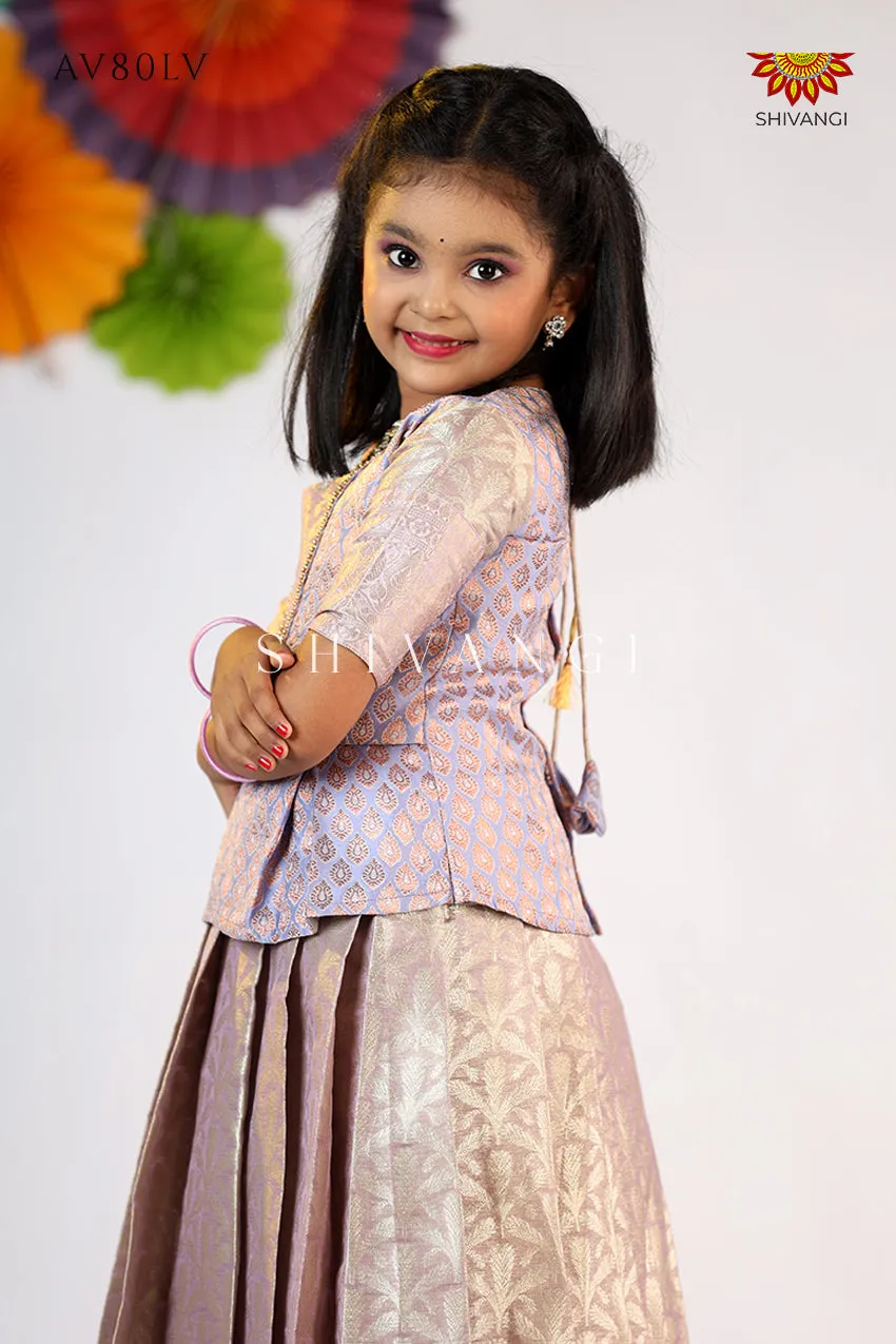 Girls Lavender Pastel Tissue Coconut Pattu Pavadai - Festive Wear