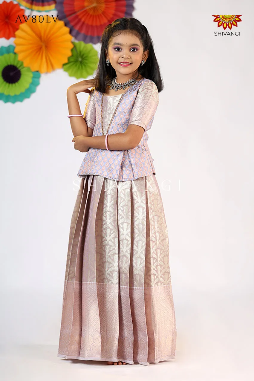 Girls Lavender Pastel Tissue Coconut Pattu Pavadai - Festive Wear