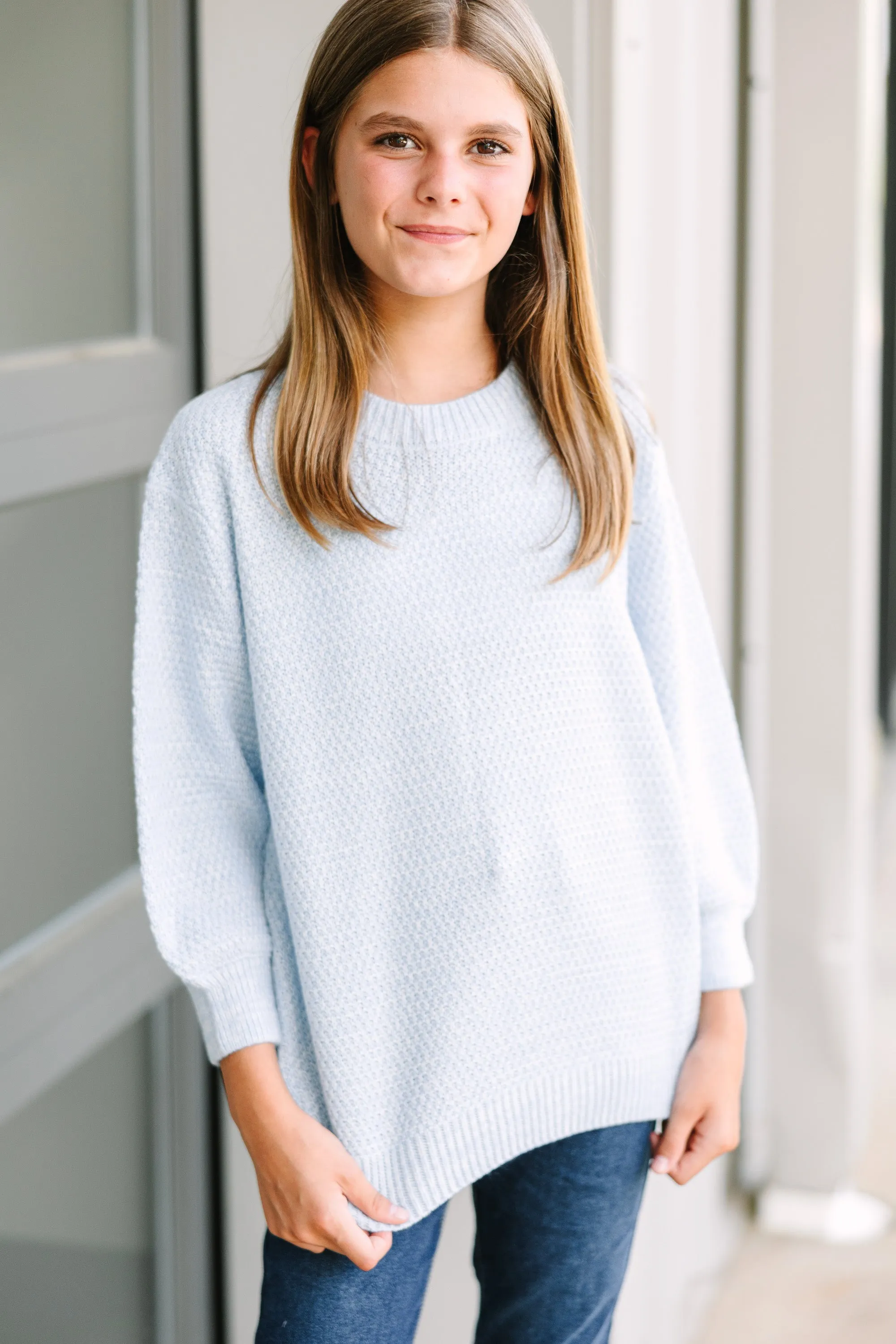 Girls: The Slouchy Light Blue Bubble 3/4 Sleeve Sweater