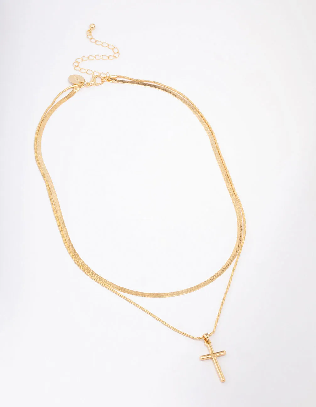 Gold Plated Plain Cross Snake Layered Necklace