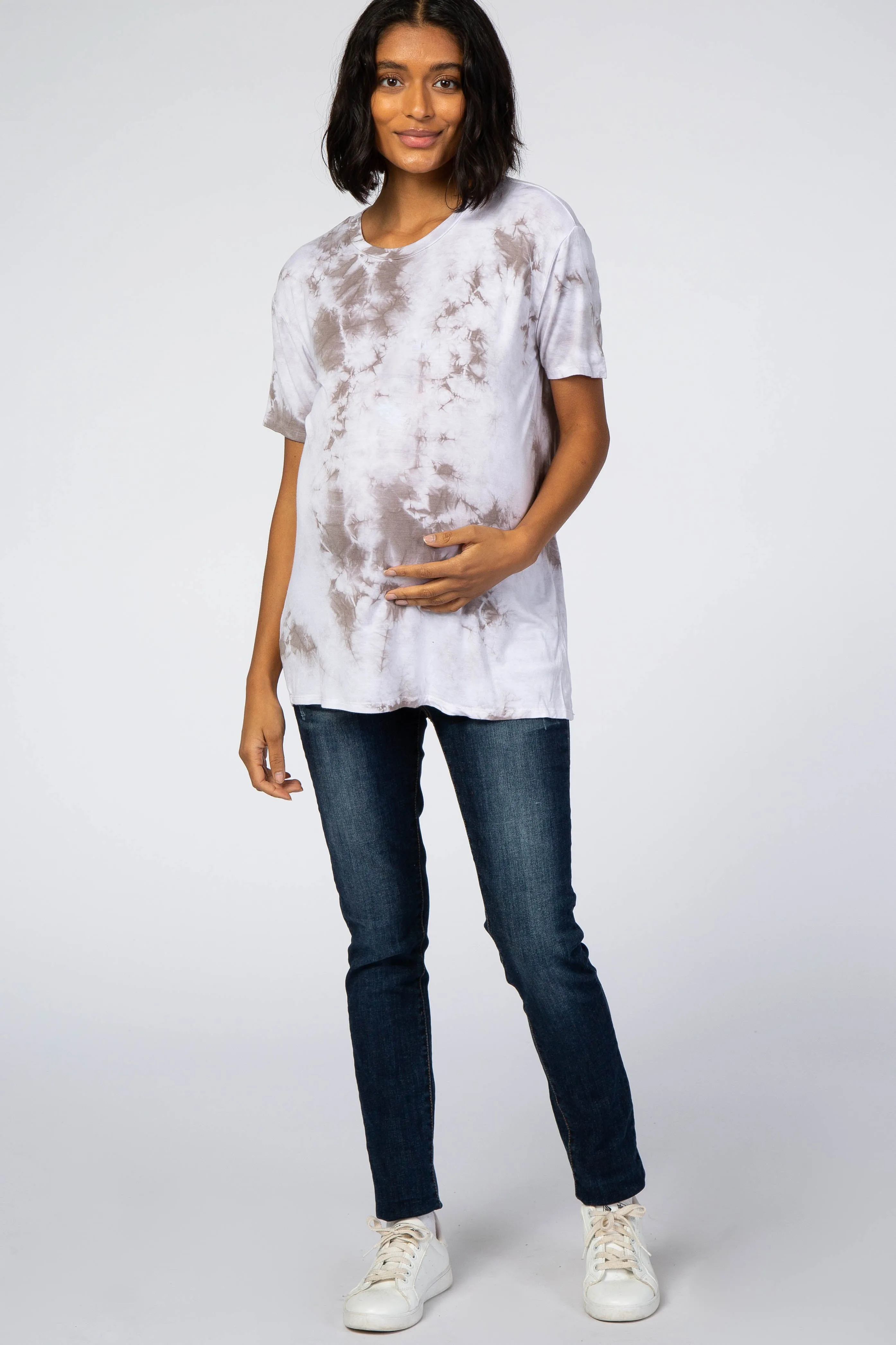 Grey Tie Dye Short Sleeve Maternity Top