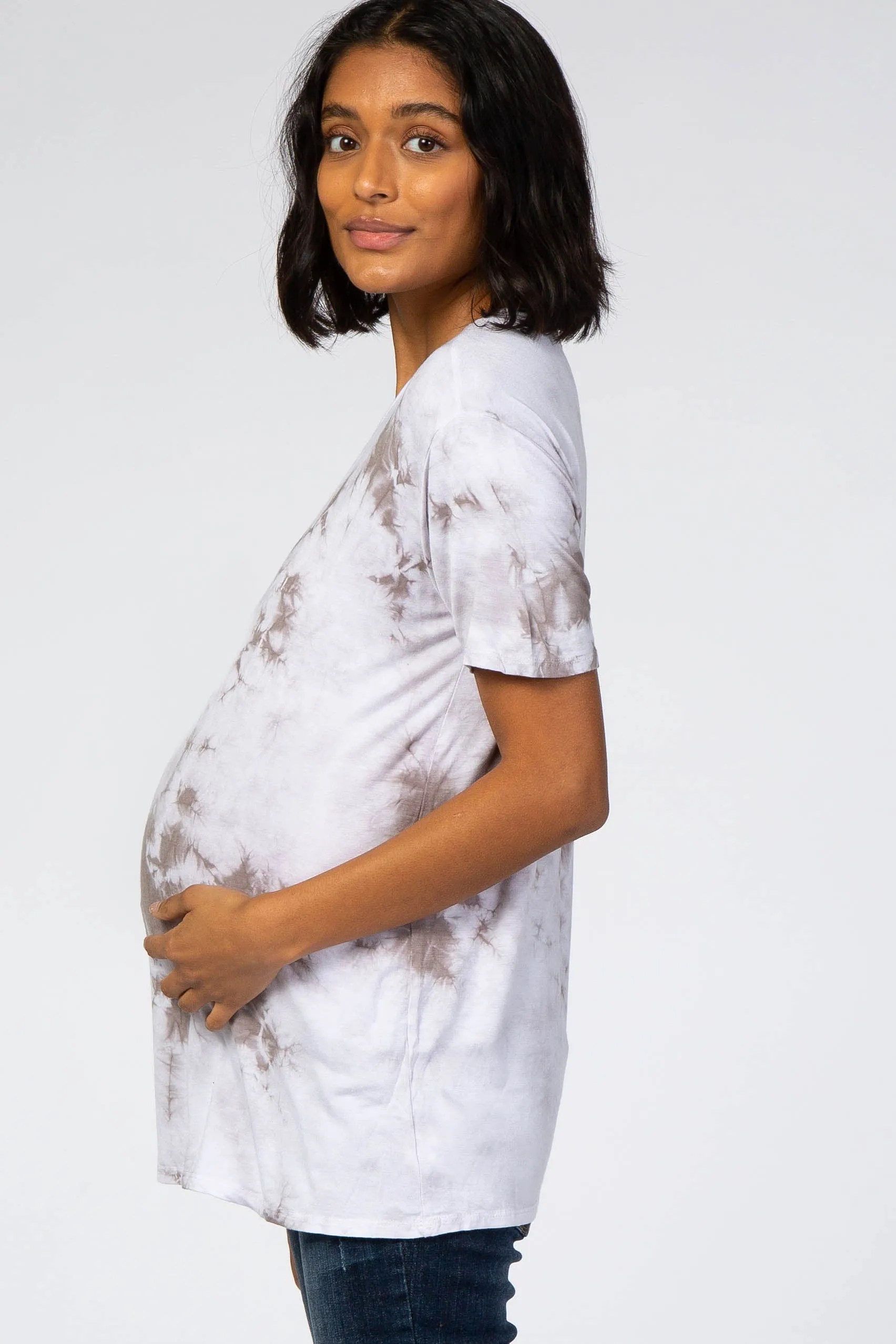 Grey Tie Dye Short Sleeve Maternity Top