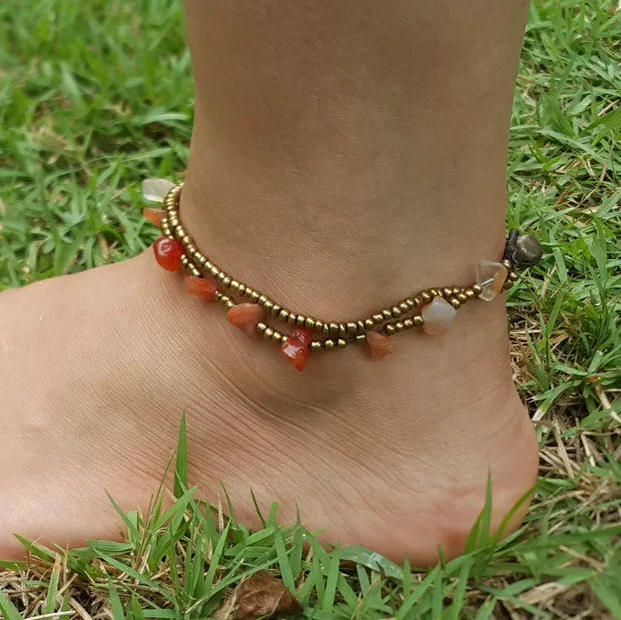 Hand Made Fair Trade Anklet Double Strand Brass Beads Carnelian