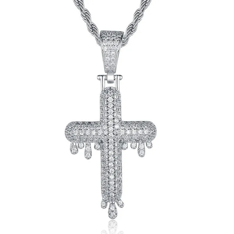 Iced Out Drip Cross Pendant - Silver