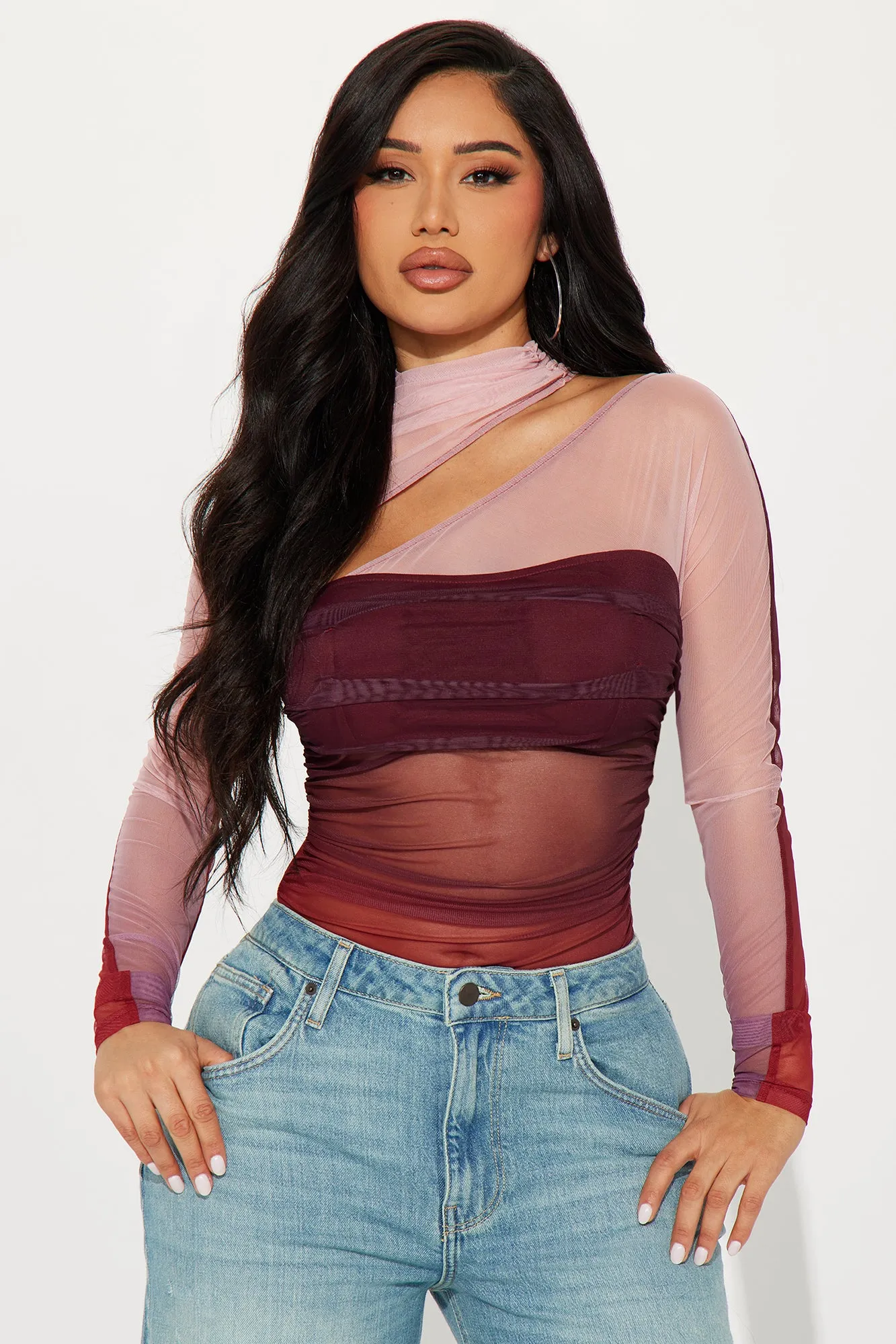 Keep You Around Mesh Bodysuit - Wine/combo