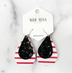 Leather Stacked Teardrop Earring Glitter Black on Red & White Stripes (Thick Stripes)