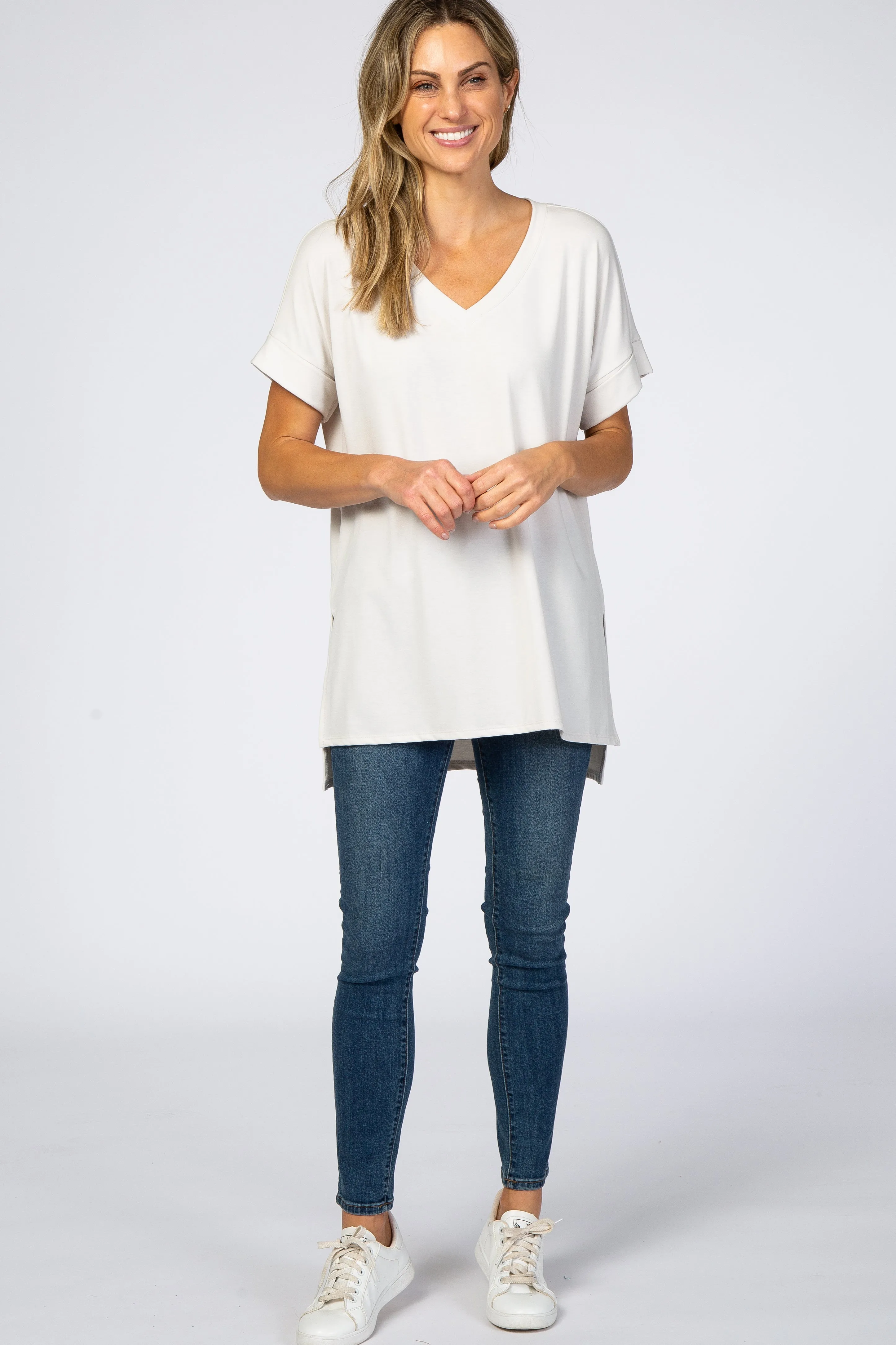 Light Beige V-Neck Cuffed Short Sleeve Top