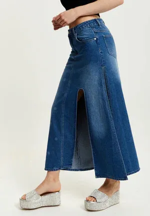 Liquorish Polka Dot Maxi Denim Skirt