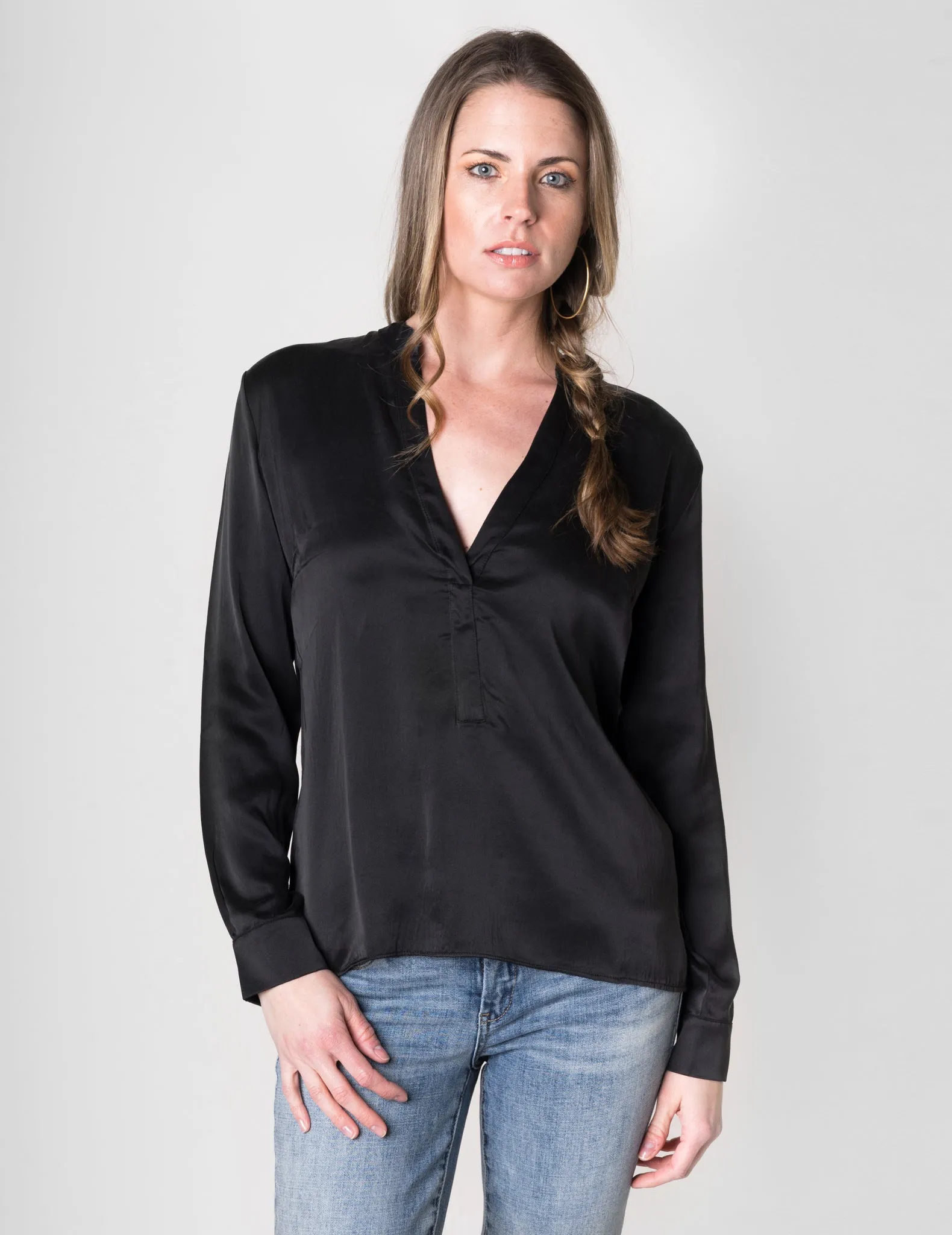 Majestic Long Sleeve Silk Top in Noir