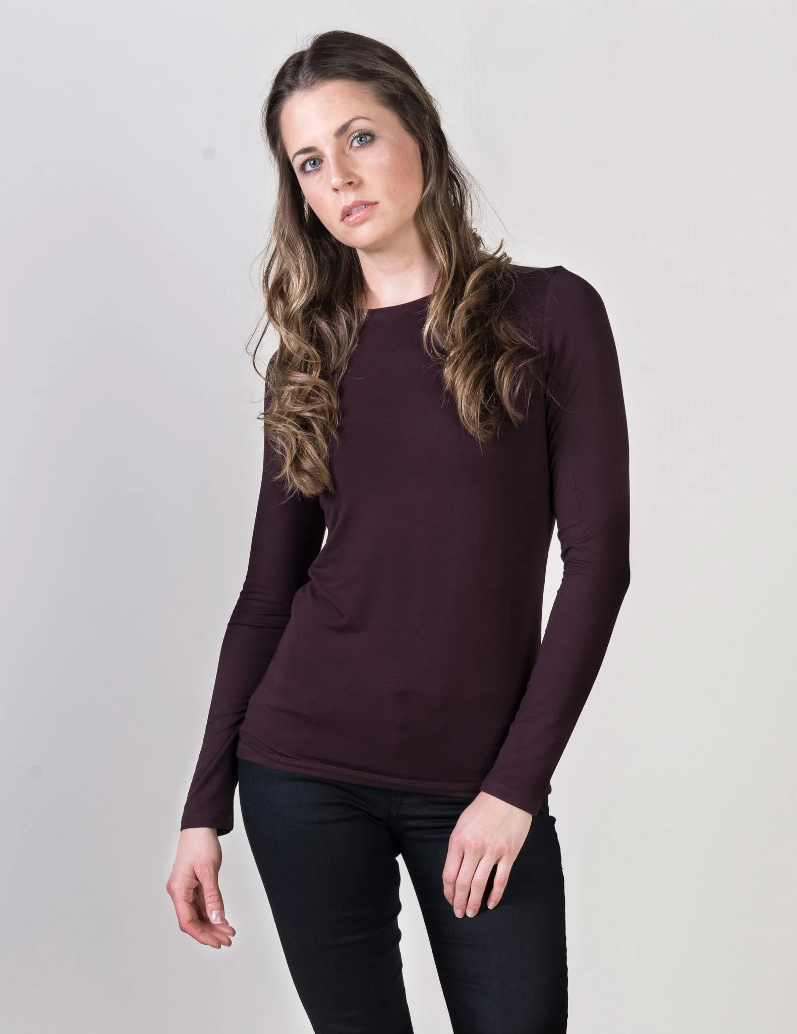 Majestic Long Sleeve Viscose Crewneck in Aubergine