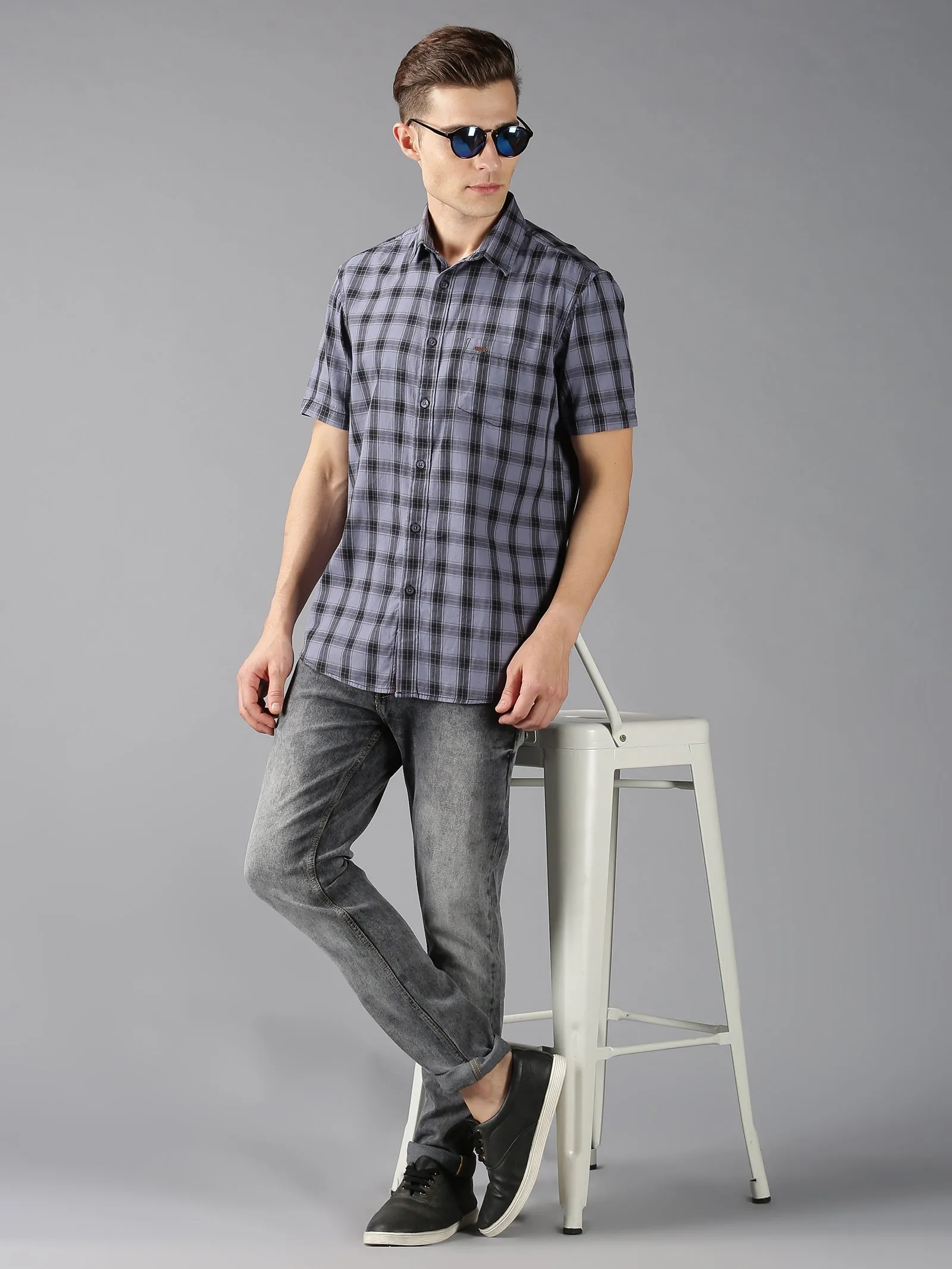 MEN'S BLACK GREY CHECK SLIM FIT SHIRT