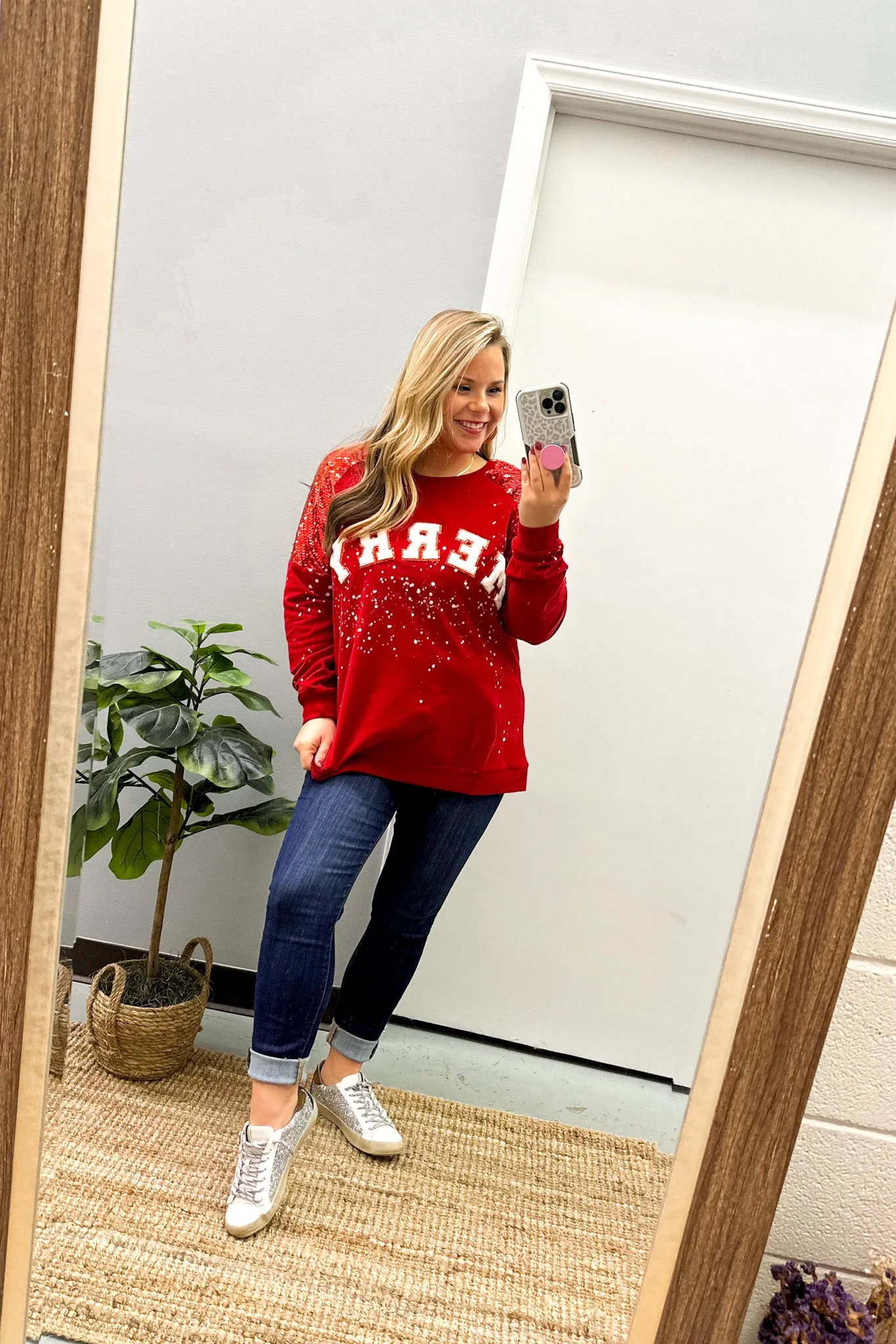 Merry Letters Sequin Sleeve Top, Red