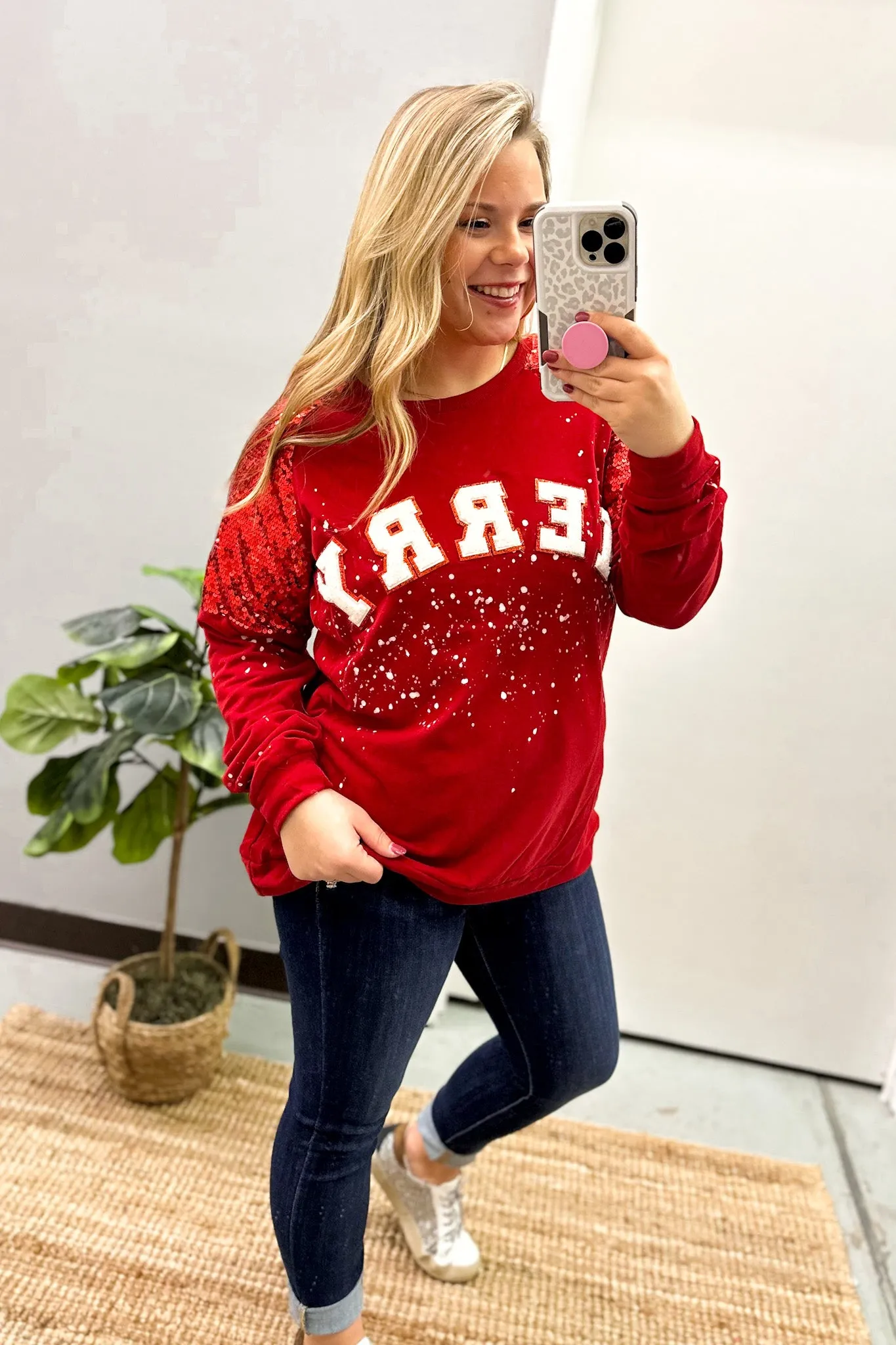 Merry Letters Sequin Sleeve Top, Red